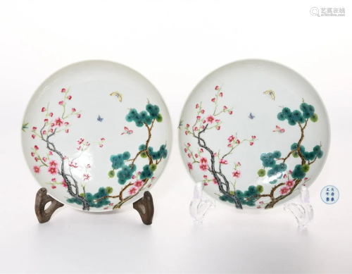Pair Famille Rose Floral and Butterflies Plates