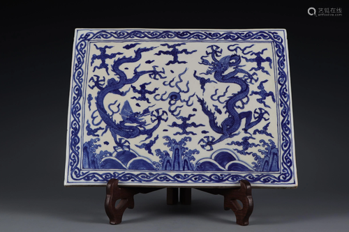 A Blue and White Dragon and Waves Porcelain Panel