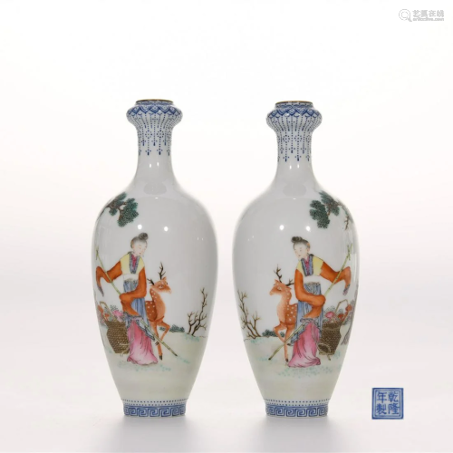 Pair Famille Rose Figural Vases Qianlong Mark