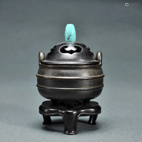 A Bronze Tripod Censer with Turquoise Finial