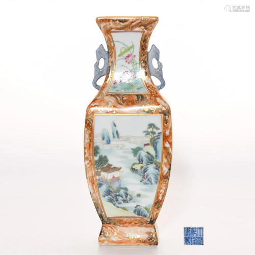 A Famille Rose Landscape Squared Vase Qianlong Mark