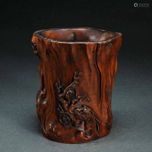 A Carved Boxwood Brushpot