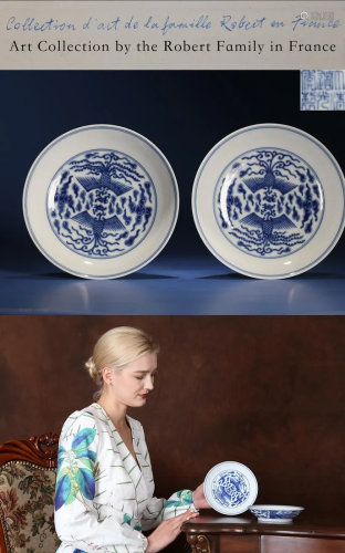 Pair Blue and White Phoenix Plates Daoguang Period