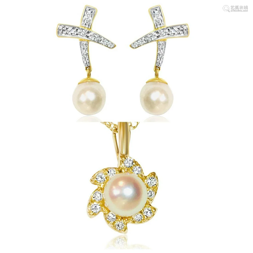 18K, 0.65 CT diamond & pearl; earrings & pendant set