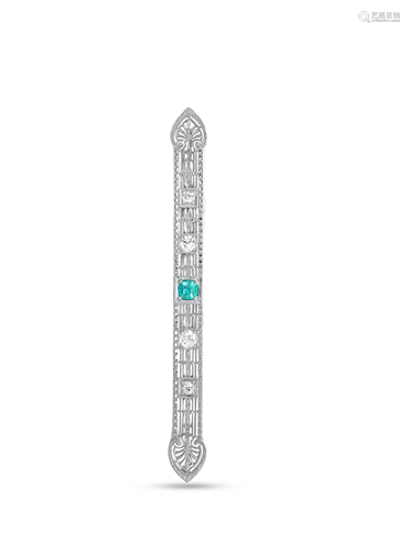 Antique, Emerald and Diamond Pin in 14K White Gold