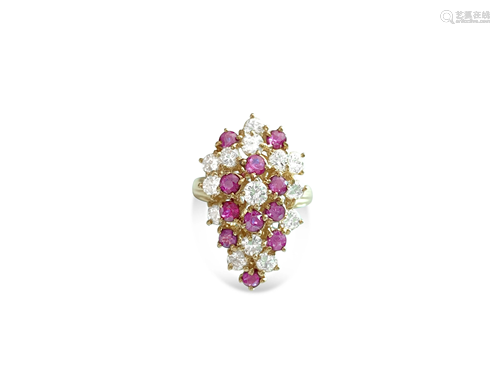 14K Gold, 3.50 Carat Diamond & Ruby Cocktail Ring