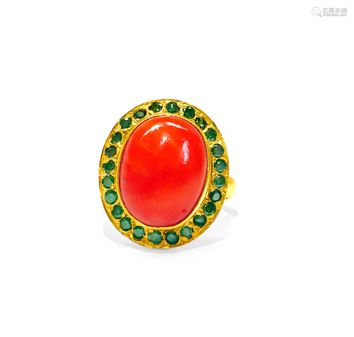 21K Gold Fancy Green Diamond Coral Ring