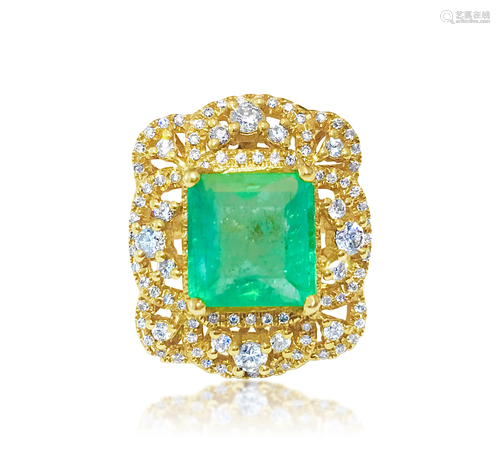 18k Gold Vintage 6 ct Emerald Diamond Cocktail Ring