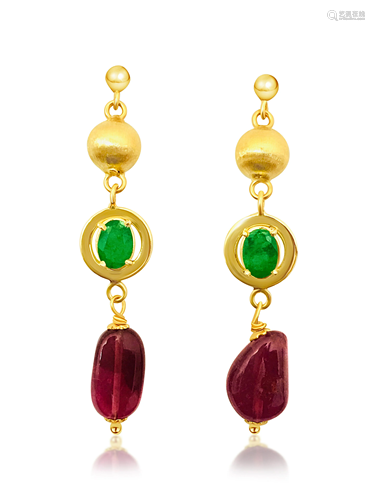 Womens Vintage Emerald, Tourmaline & 14K Gold Earrings