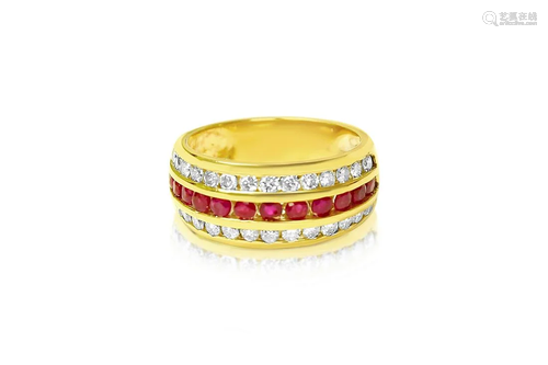 14k Yellow Gold, 2.25ct Diamond and Burma Ruby Ring.