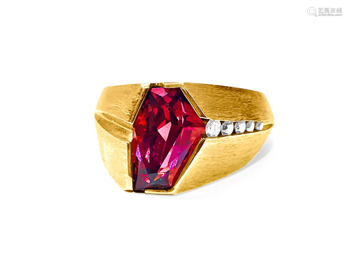 14K Yellow Gold, Fancy Cut Rubellite and Diamond Ring.