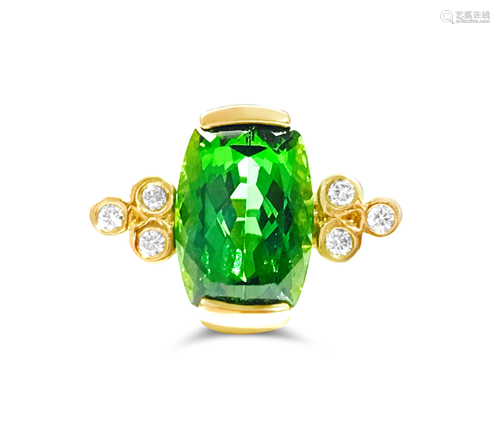 14K Gold, 4.00 CT Green Tourmaline and Diamond Ring