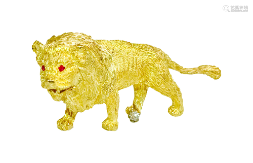 18K Yellow Gold Platinum LION Diamond Ruby Pin