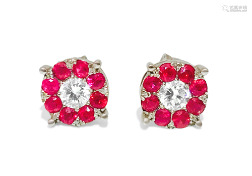 1.30 Carat Diamond & Ruby Studs in 14K White Gold