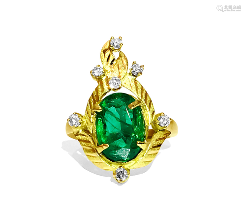 18K Gold, 3.24 Carat Emerald and Diamond Ring