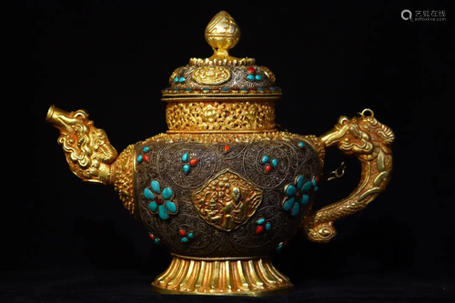 Tibetan silver handmade filigree inlaid gemstone pot,