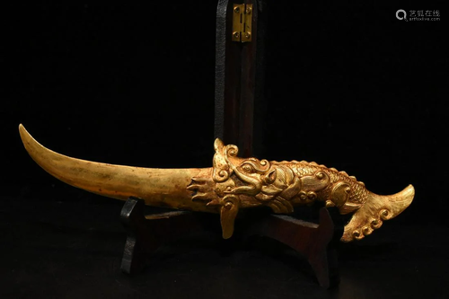 Real gold gilt bronze, dragon pattern dagger, clear