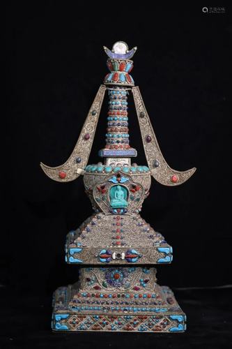 Tibetan silver handmade filigree inlaid gem stupa,