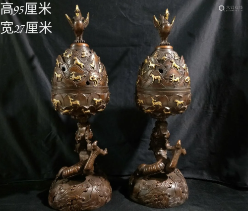 A pair of gilt copper and real gold incense burner, the