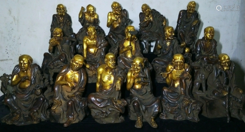 Rare 16 Lohan sages of gilt copper and real gold, a set