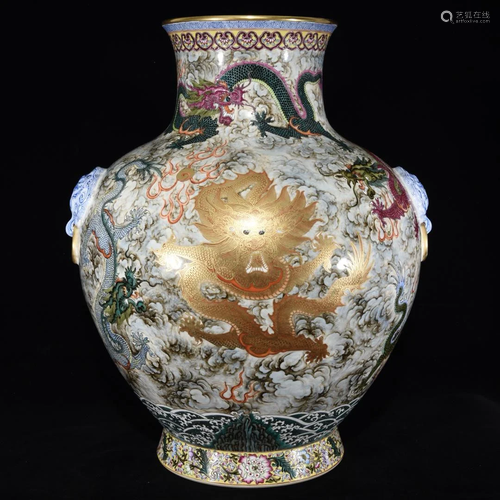 Qianlong famille rose gold vase with animal ears and