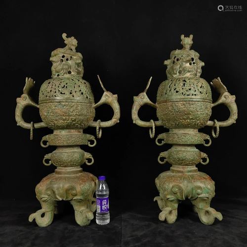 A pair of Bronze Elephant Foot Dragon Xun from the