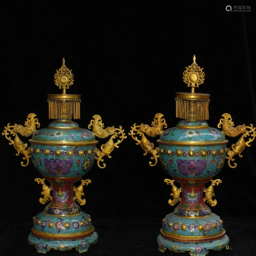 Brass cloisonne double fish ear censer ornaments. Fine