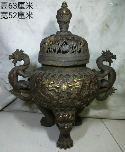 Gold gilt copper incense burner, weight 31.85 kg