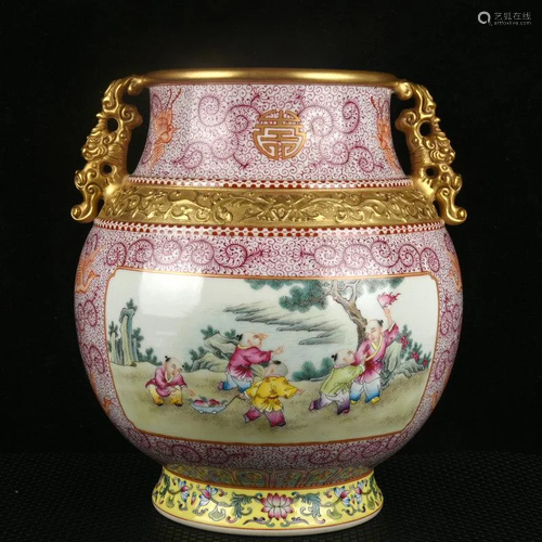 A gilt enamel and gilt enamel double-ear jar with baby