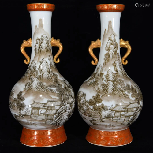 A pair of ears vase with ink-color landscape design,