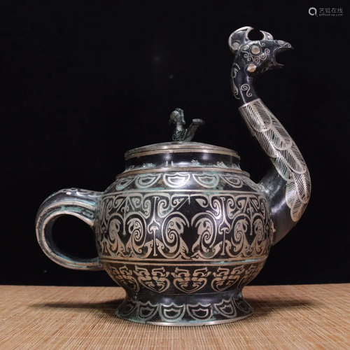 War and Han Dynasty-Bronze and Silver Bird Kettle