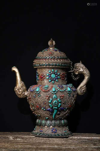 Tibetan silver handmade filigree inlaid gemstone jug,