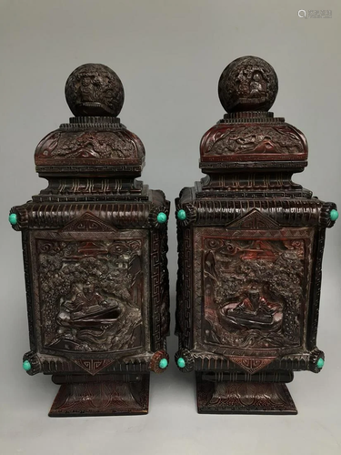 A pair of large square vases with carved horns, piano,