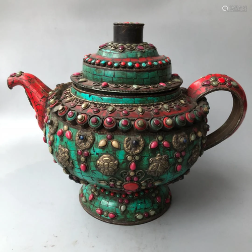 Old Tibetan inlaid turquoise red coral milk teapot, 36