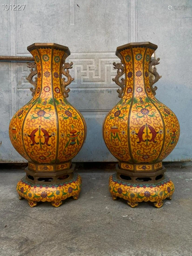 A pair of filigree cloisonne hexagonal vases with a