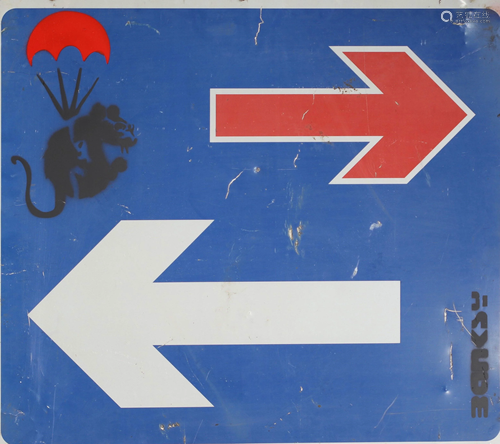 Banksy Parachuting Rat Road sign Stencil and paintings