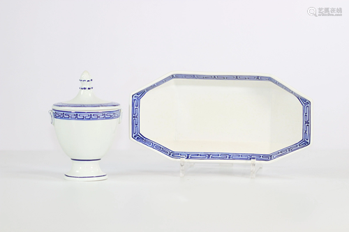 Tournai porcelain dish and sugar bowl, Greek decor