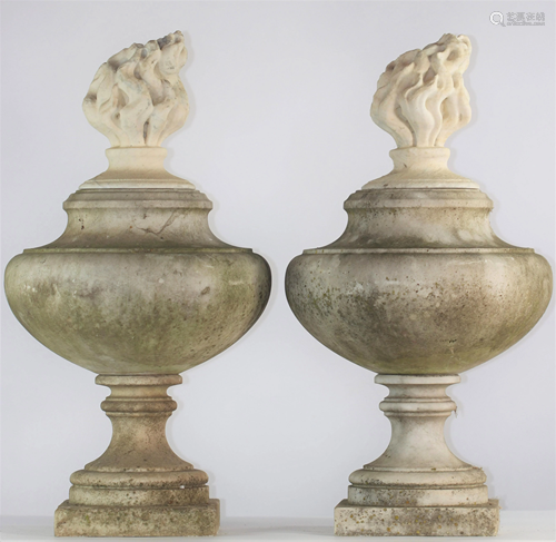 Pair of white marble basins surmounted by flames