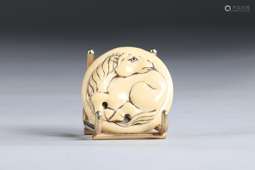 Netsuke Manju circular carved - a horse. Japan Meiji