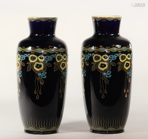 Pair of Art Deco Keramis vase with flower decoration