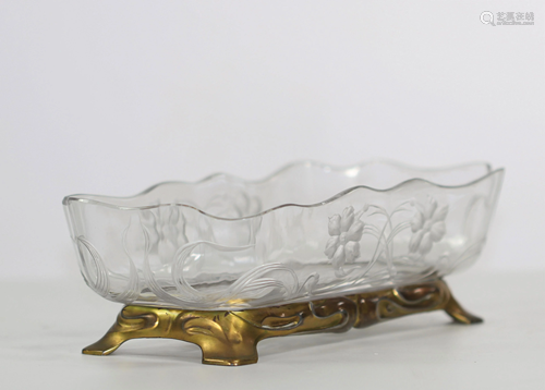 Art-Nouveau crystal planter, gilt metal frame, France,