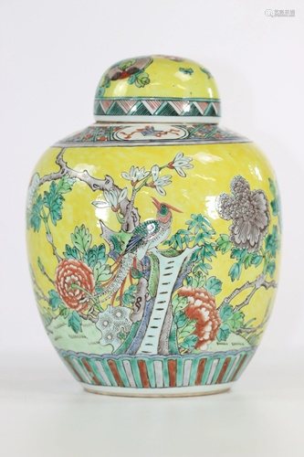 China vase covered yellow background with bird