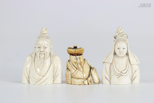 China lot of 3 snuffboxes carved with busts of 19th