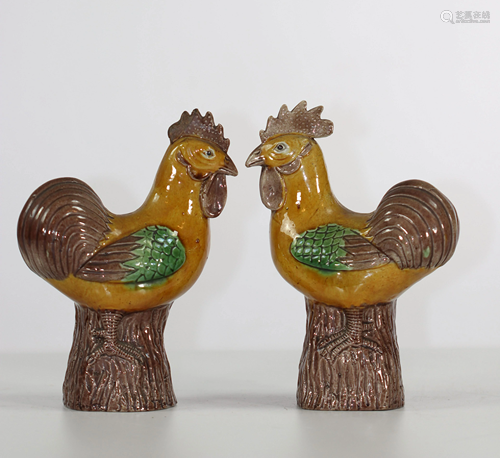 Pair of porcelain Sancai enamelled roosters, China,