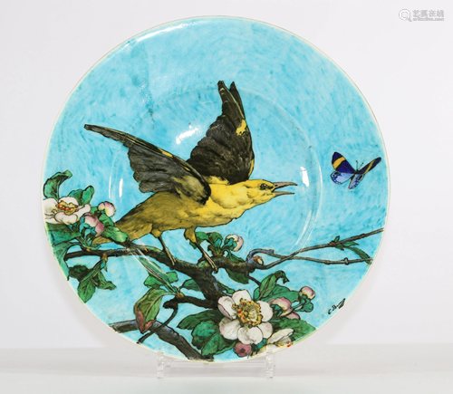 THEODOR DECK (1823-1891) dish decorated with an oriole