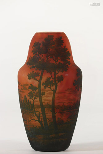 Daum Nancy acid-free vase decorated with a lake