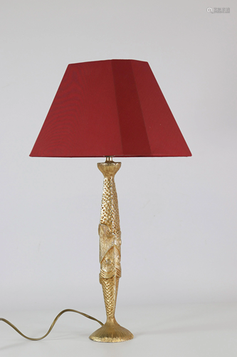 Stephane GALERNEAU (XX) Rare gilt bronze fish lamp