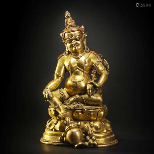 Copper and Golden Wealth God Statue from Qing
