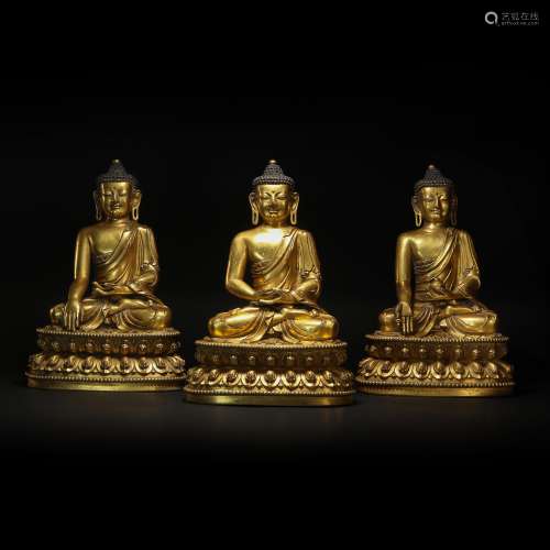 Copper and Golden Tri-Buddha Statue from 16th century