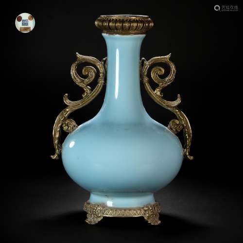 Blue Glazed Inlaying with Copper Two Ears Vase from Qing